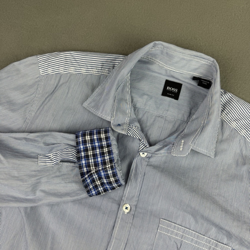 Boss Hugo Boss Slim‎ Fit Striped Blue Long Sleeve Mens Medium Flip Cuff Plaid
